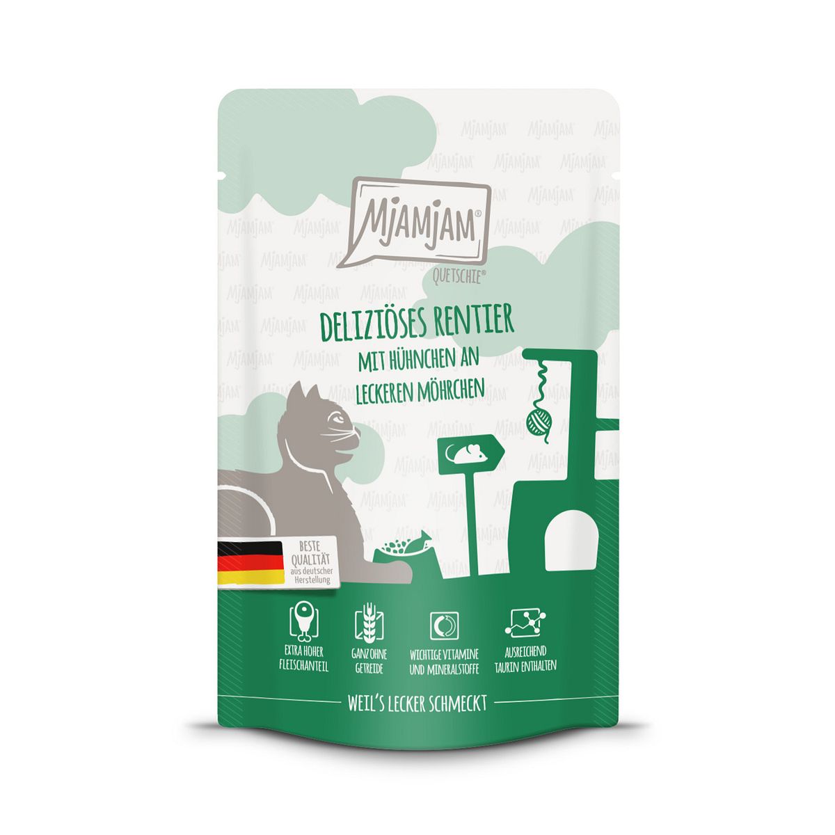 MJAMJAM Quetschies 125g Beutel Katzennassfutter 12 x 125 Gramm deliziöses Rentier mit Hühnchen an leckeren Möhrchen Katzen-Nassfutter online kaufen
