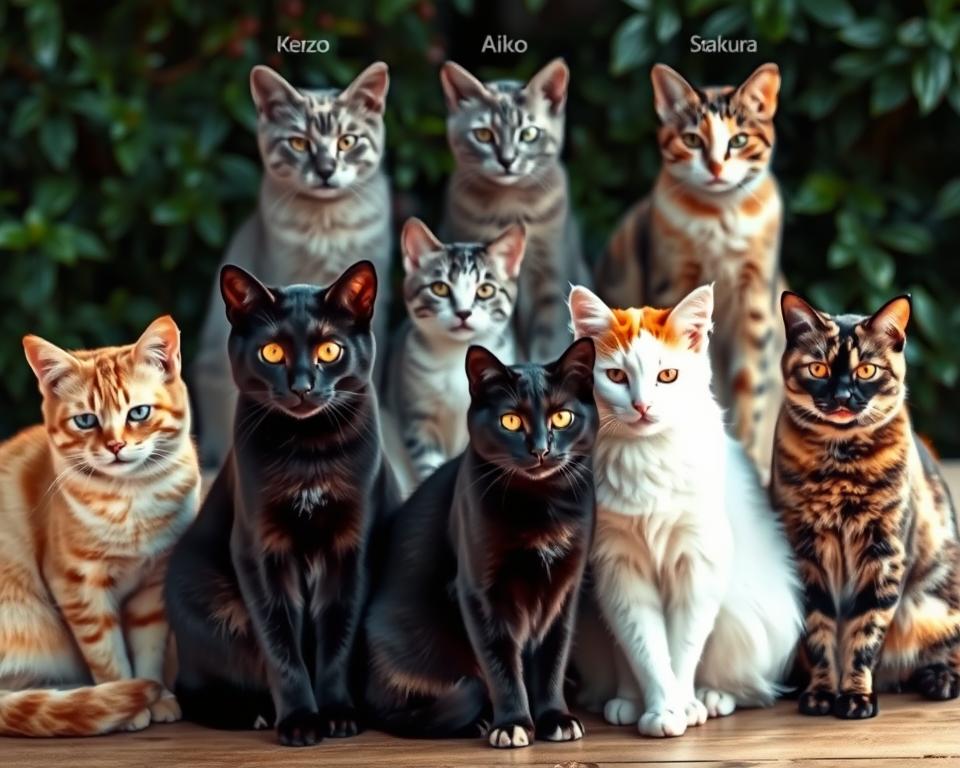 Katzen mit verschiedenen Fellfarben und japanischen Namen
